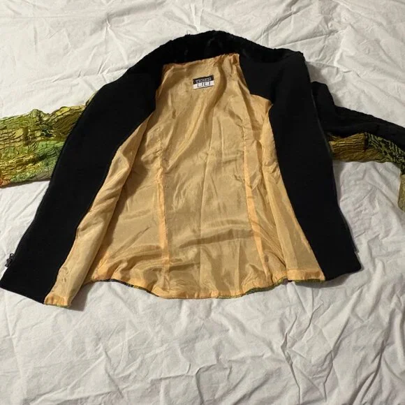 Tiger Lili VTG 80s 90s Patchwork Jacket 100% Silk Wearable Art Faux Fur Green 10 - Picture 6 of 13